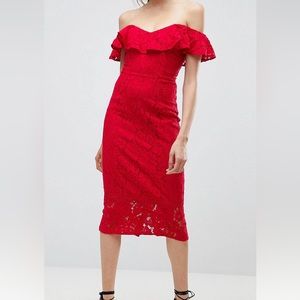 Formal Red Lace Off the shoulder midi Dress